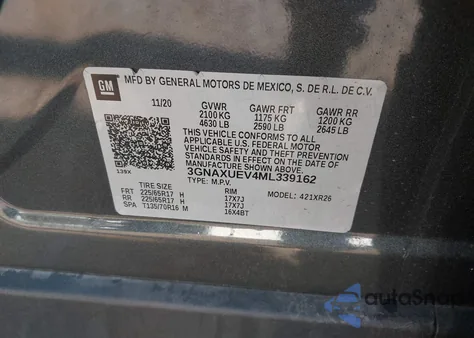 2021 Chevrolet Equinox Awd Lt z USA, uszkodzony, nr VIN 3GNAXUEV4ML339162